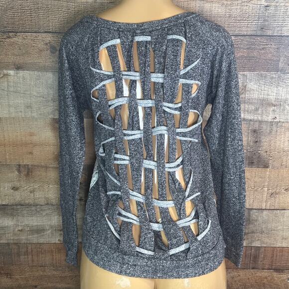 Esley Gray Open Lattice Back Long Sleeve Top Ivory Lace Front Size Medium - Picture 6 of 9